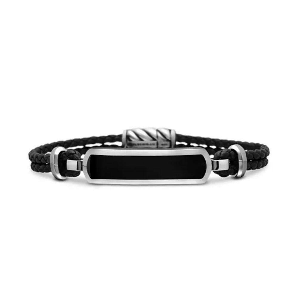 David Yurman Sterling Silver .925 Onyx Stone Bar Station Leather Bracelet L $595